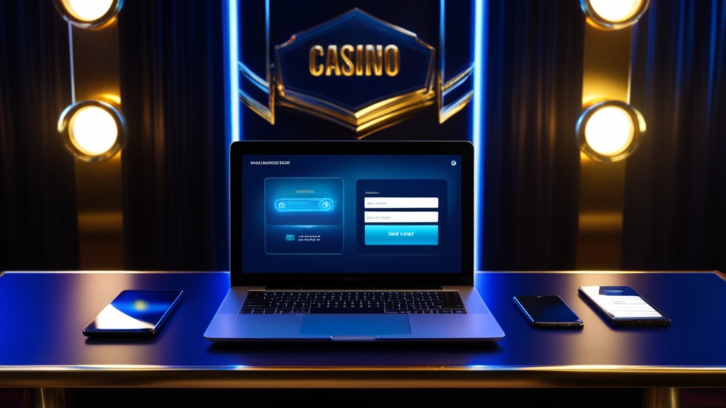 نموذج تسجيل حساب Vamoplay على لابتوب وهاتف داخل مشهد كازينو بإضاءة نيون